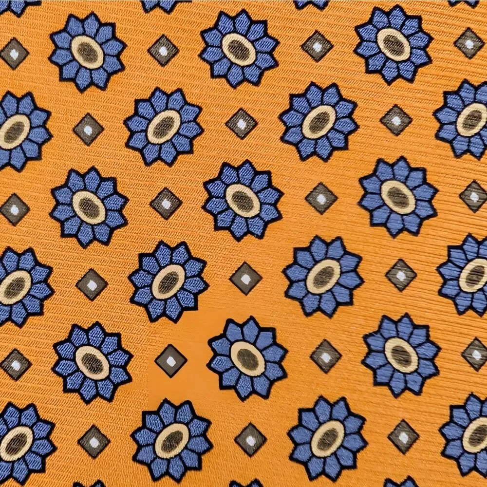 Vintage 90s Lands End Silk Jacquard Tie Geometric Medallion Gold Blue Y2K Preppy